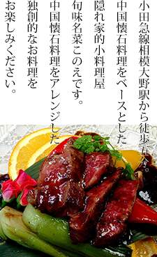 小田急線相模大野駅から徒歩五分。中国懐石料理をベースとした隠れ家的小料理屋、旬味名菜このえです。中国懐石料理をアレンジした独創的なお料理をお楽しみください。